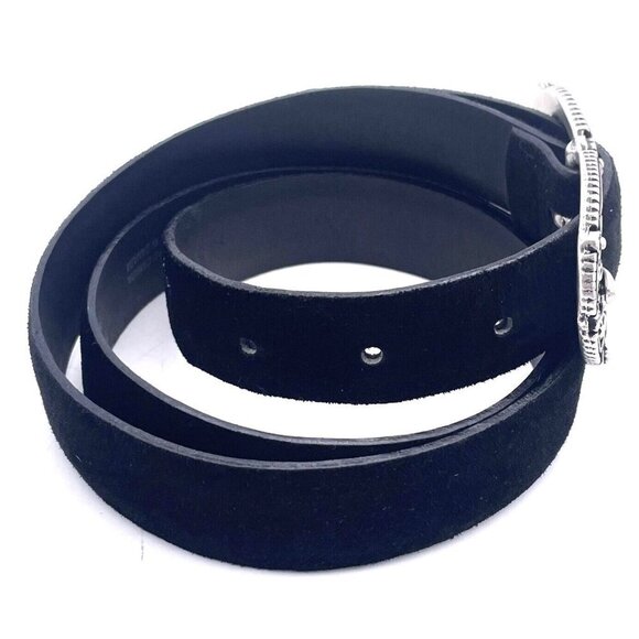 Landes Women Genuine Suede Black Belt Adjustable Floral Silver Tone Buckle Large - Picture 3 of 7